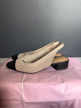 Kelly & Katie Beige and Black Knit Slingback Kitten Heel